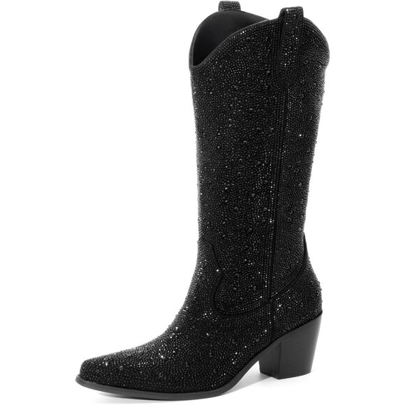 Black Rhinestone Cowboy Boots Women Mid Calf Pointed Toe Sparkly Block Heel - Picture 1 of 5